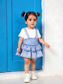 Denimly Baby GirlCasual Daily Urban Street Style Cute Pleated Suspender Skirt, Denim Baby Outfit, Baby Girl Ruffle Denim Dress. - Medium Wash - View 1