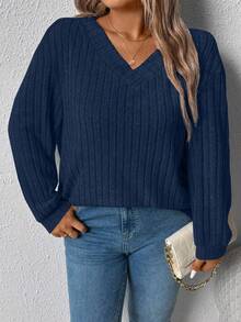 SHEIN CURVE+ Women's V-Neck Casual Loose Sweatshirt, Outerwear Top Fall Cloth For Women Winter Autumn - Blue - View 5