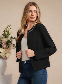 Amorya Women Beaded Pearl Decorated Crew Neck Long Sleeve Knitted Slim Elegant Cardigan, Suitable For Daily Wear, Autumn/Winter - Black - View 7