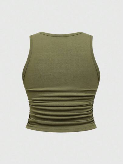 Fairycore Plus Size Hippie Sun Cute Vacation Elastic Ruched Green Tank Top Suitable For Going Out,Back To School