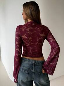 Aloruh 酒红色蕾丝拼布修身镂空长袖女式T恤 - 酒紅色 - 查看 4