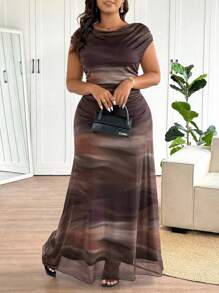 Elaquor Vestido Longo Elegante para Mulheres Grandes com Estampa de Tie Dye e Calda de Sereia, Vestidos Formais para Mulheres