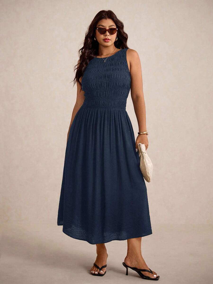 Elaquor 大码女式黑色无袖弹力修身中长连衣裙，适合度假、通勤和日常穿着