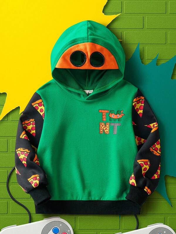 TEENAGE MUTANT NINJA TURTLES X SHEIN Young Boy Cartoon Pizza Print Colorblock Casual Long Sleeve Hoodie