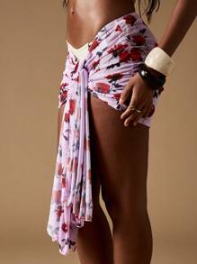 MISSGUIDED Strandpareo Wickelrock Cover-Up durchsichtig mit Blume Muster, geraffter Seitenbindung, Badeanzug Strandmode Poolmode Urlaubsmode - Pink - Übersicht 6