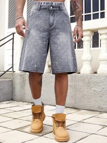 ROMWE MEN Street Life Men's Casual Summer Rhinestone Washed Distressed Denim Shorts - Grey - View 4