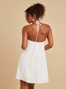 Travachic Vestido unicolor plisado de cuello halter de espalda abierta - Blanco - Ver 2