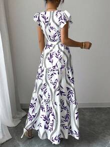 Elenzga 优雅休闲荷叶边短袖 A 字长裙，带有随机蓝白花卉印花，适合工作、海滩、派对 - 紫色 - 查看 2