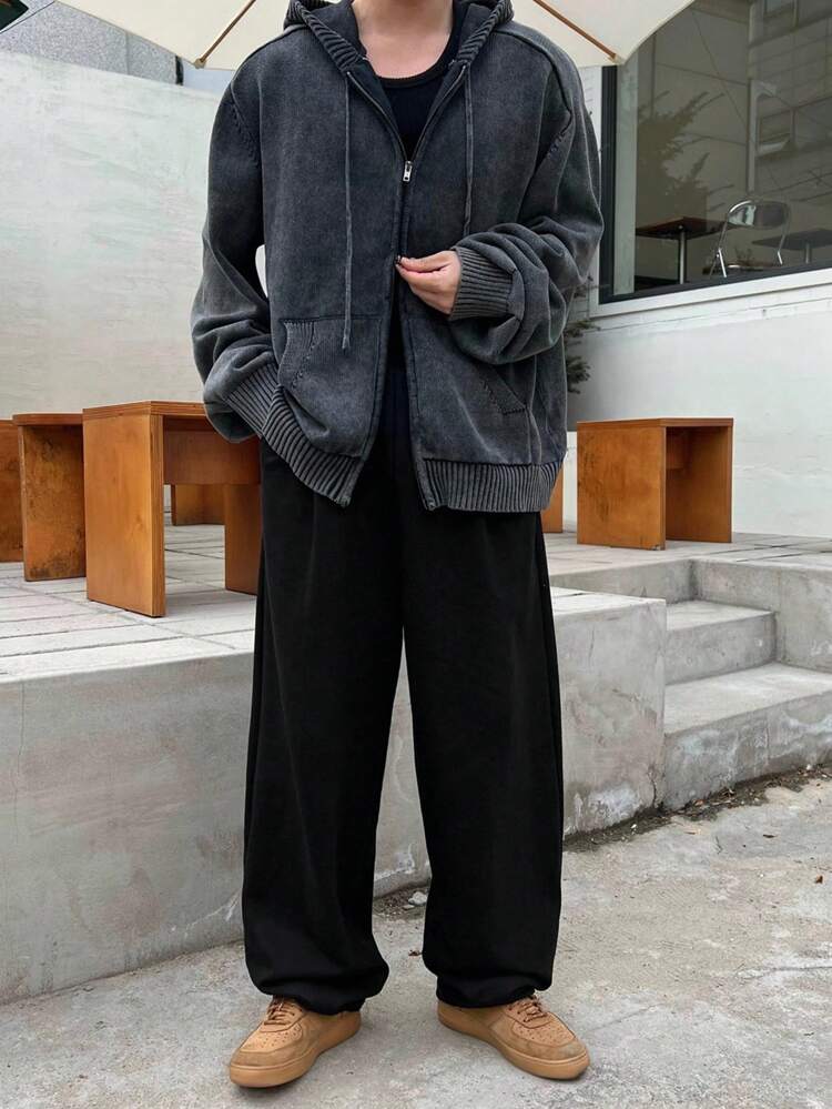 Men's Solid Color Elastic Waist Pants With Thermal Lined, Autumn/Winter