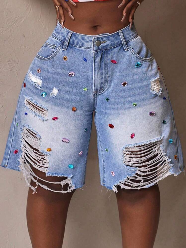 Slaydiva Shorts Denim Casuais Plus Size Femininos com Bolsos, Decoração com Strass e Desgaste - Azul - Visão 4