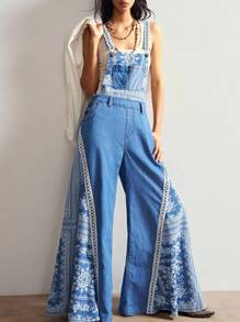 Bohemela Pantalon salopette en jean style patchwork imprimé, style bohème décontracté pour les vacances, pour femmes