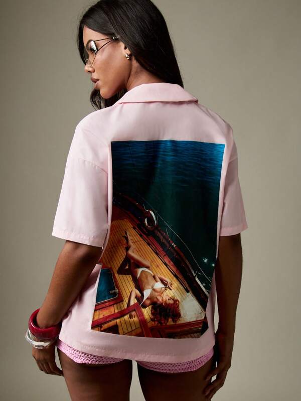 Missguided x Playboy Vintage Pink Resort Button Down Shirt With Fashion Editorial Photo Print Beach Yacht Cruise Summer Vacation Button Up Collared Short Sleeve