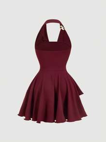 SHEIN MOD Gaun Mini Asimetris Pesta Musim Panas Burgundy Vintage Era 70-an, Leher Halter, Dekorasi Manik-manik, Hem Berlapis, Detail Ruffle, Kerah Berlipat, Terinspirasi Gaya Y2K - Burgundy - View 2