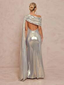 Lumalex Robe asymétrique à épaules dénudées, froncée, à ceinture, avec fente haute, métallique et brillante, avec dos nu pour femmes