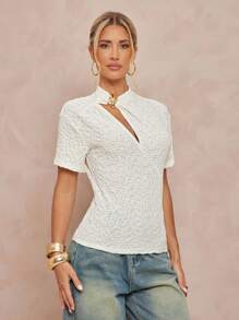 Lumalex All White Party Outfit Women Fall Modest Old Money Coquette Glitter Holiday Party Outfit Rave Festival Outing  Swim Vacation Bohemian BOHO Sea Beach Hot Outdoor Richly Layered Wedding Season Banquet Coming Of Age Ceremony Beach Seaside High Collar Metal Decor Textured Fabric Tight Fit Long Sleeve Women Top