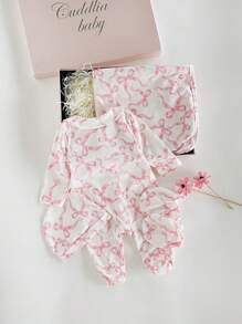 4pcs Newborn Baby Clothing Set, Cute Bow Printed Romper With Peter Pan Collar, Long Sleeve Footie, Swaddle Blanket, Hat And Mittens Baby Girl Pajamas With Pink Bows Baby Girl Gift Set Fall Winter