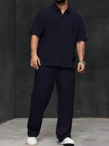 Manfinity Homme Plus Size Men 2pcs Set - Short Sleeve Solid Polo Shirt And Pants