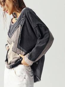 Bohemela Plus Size Women's Asymmetrical Neck Star Patch Loose Long Sleeve Casual Blouse Patchwork Top Star Top,Fall Clothes For Women - Dark Grey - View 5