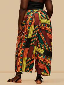 SHEIN VCAY 大码女式复古拼色印花不对称下摆阔腿裤，带口袋，休闲，秋季 - 彩色 - 查看 2