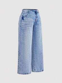 SHEIN MOD Denim Casuais de Ajuste Reto Azul Plus Size, Denim de Jeans Reto Solto, Perna Longa, Todas as Estações, Verão / Verão / Verão, Primavera / Primavera para Mulheres, Praia para Mulher / Praia, Brunch para Mulheres, Spring Break / Spring Break, Mulheres de Concerto / Festival Rave / Concerto Country / Ibiza / Nashville