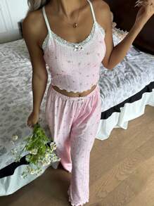 CottageSlumber Romantic-Flora 年轻休闲粉色睡衣套装，蕾丝细节和细肩带上衣，适合放松的夜晚两件套睡衣套装粉色休闲套装女士睡衣套装花卉睡衣套装 - 粉色 - 查看 6