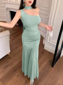 Modelyn 女式针织罗纹网眼荷叶边不对称飘逸休闲夏装 - 綠色 - 查看 3