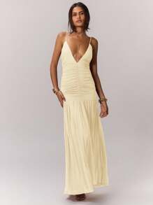 MUSERA Ruched Front Drop Hem Dress Summer Pastel Wedding Guest Graduation Elegant Sundress Holiday Vacation Beach Night Out Birthday Date Night - Apricot - View 3