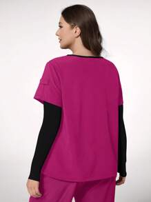 TaskEZ Plus Size Contrast Trim Short Sleeve Healthcare Scrub Uniform Top - Red Violet - View 2