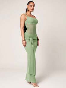 Silquee 女式纯色不对称领口修身前结鱼尾下摆时尚连衣裙 - 薄荷綠 - 查看 6