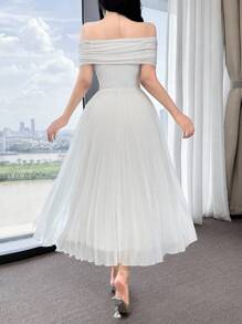 Feyla Đầm trễ vai thanh lịch màu trơn dành cho nữ có họa tiết hoa 3D và viền xếp ly - trắng - Xem 6