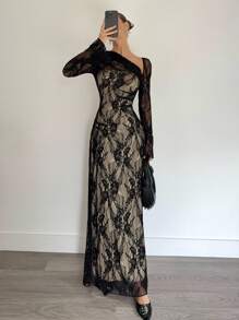 Siren Gaze Women Asymmetrical Mesh Black Bodycon Dress, Bare Shoulder, Pleated Waist, A-Line Hem, Holiday Dress, French Camisole Dress, Black Long Sleeve Dress Black Lace Dress See Through Dress Long Sleeve Midi Dress Elegant Evening Dress,Fall Dresses For Women Winter Party Evening Dress