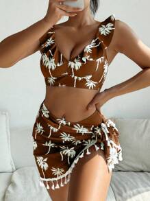 3pcs Women's Green Palm Tree Fringed Halter Bikini Swimwear With Sarong Beach Skirt Set Tropical Vacation Beach Bikini Set For Summer