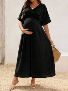 SHEIN 孕妇V领蝙蝠袖休闲连衣裙 - 黑色 - 查看 4