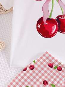 SHEIN 青少年女孩休闲蝴蝶结樱桃和格子樱桃印花短袖短裤睡衣套装，夏季 - 彩色 - 查看 5