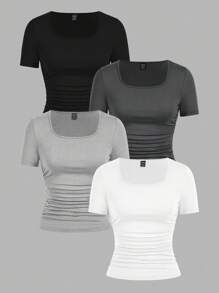 SHEIN EZwear 4件套休闲简约纯色圆领短袖T恤女款，黑色、深灰色、碎花灰色、白色，适合春夏季 - 彩色 - 查看 1