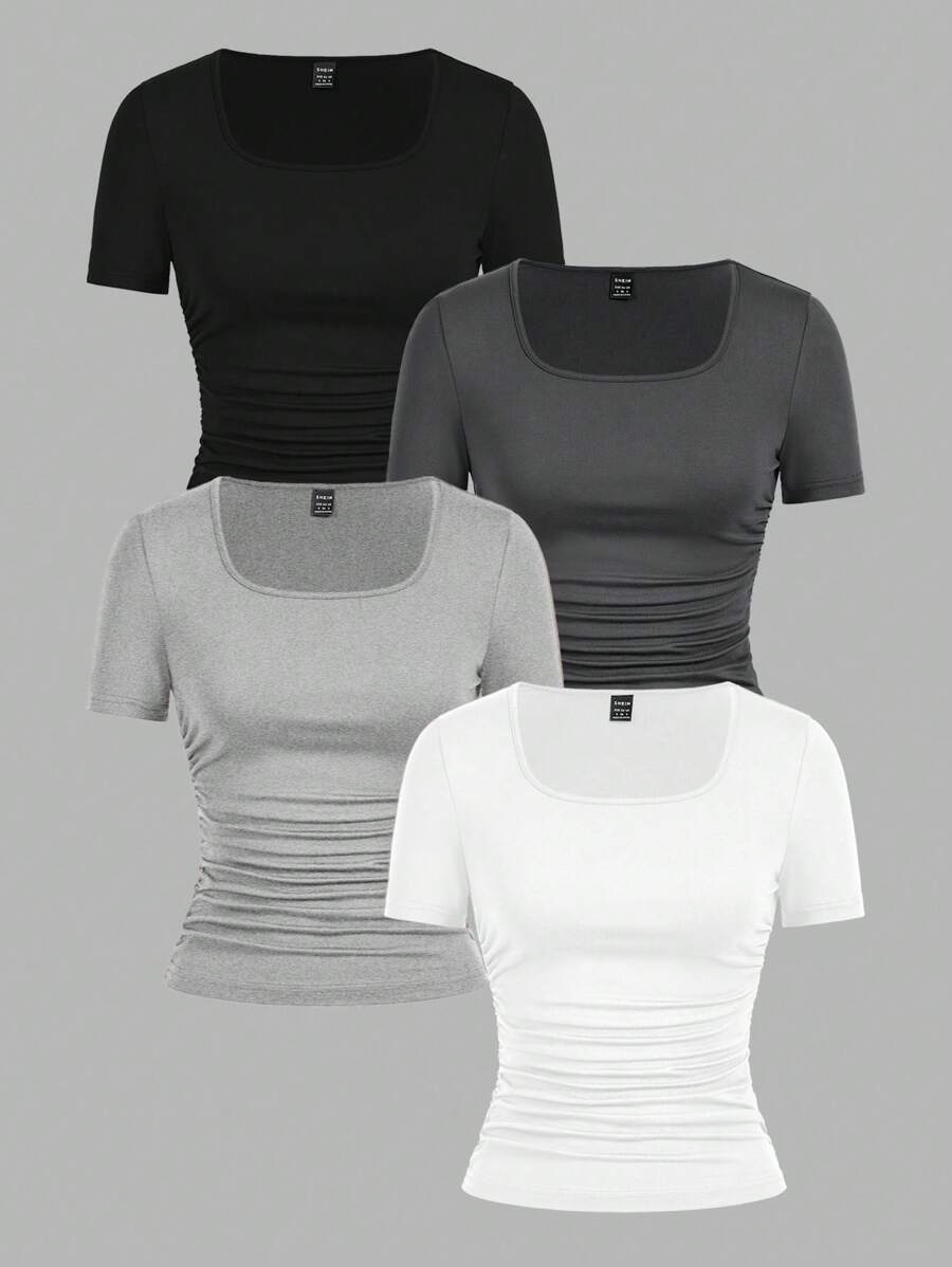 SHEIN EZwear 4件套休闲简约纯色圆领短袖T恤女款，黑色、深灰色、碎花灰色、白色，适合春夏季 - 彩色 - 查看 1