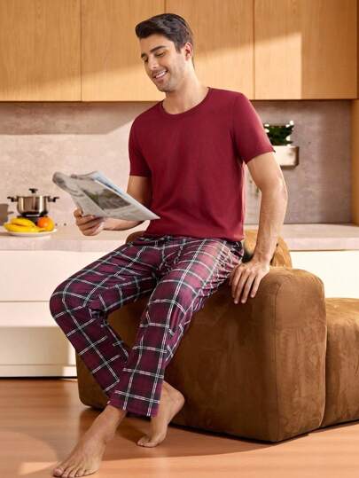 Manfinity Underwear&Sleepwear Basics Men's Solid Color Short Sleeve T-Shirt And Pants Casual Home Outfit, Simple And Fashion, Daily Wear