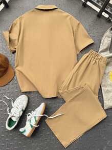 SHEIN Teen Boys 2pcs Set Casual Street Style Comfortable Solid Color Polo Shirt And Pants, Suitable For Commuting, School, Daily Casual, Holiday, Outdoor Activities, Spring/Summer