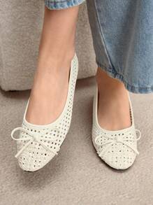 Rosivie Women Shoes Women's Flat Shoes Round Toe Silver Bow French Mary Jane Breathable Woven Hollow Buckle Strap Retro Casual Outdoor Shoes - Apricot - View 1