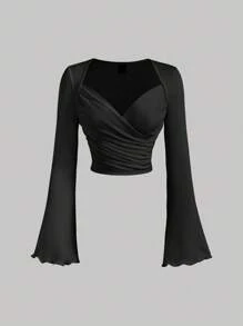 SHEIN MOD 2pcs Black & White Women Sweetheart Collar Ruffle Flare Sleeve T-Shirt, Classy Tops,Fall Clothes For Women,New Year, Elegant Tops,Going Out Tops, Wrap Tops For Women,Halloween, Christmas, Winter Clothes,Business Casual Woman,Works For Women,Boho - Black and White - View 6