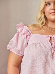 Aralina 女士休闲曲线波西米亚复古条纹宽松束腰上衣，可爱夏秋两季上衣，系带处饰有金色珠子，完美契合Y2K和乡村风格，尺码齐全。 - 淺粉色 - 查看 3