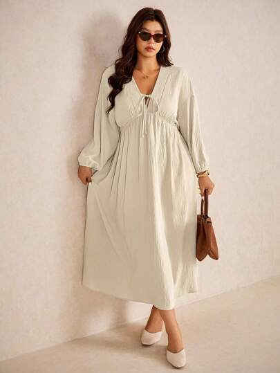 Elaquor 大码女式纯色前系带灯笼袖休闲连衣裙