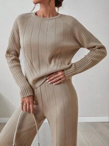 EURMUSE Women Solid Color Rib Knit Round Neck Drop Shoulder Pullover & Sweater Pants Set,Petite,Winter Clothes - Beige - View 1