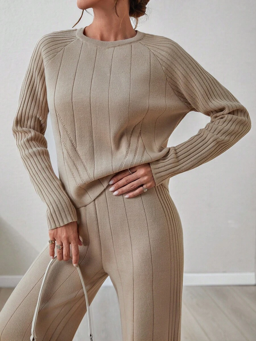 EURMUSE Women Solid Color Rib Knit Round Neck Drop Shoulder Pullover & Sweater Pants Set,Petite,Winter Clothes - Beige - View 1
