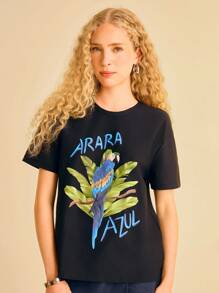 CAJUNI Tricou negru pentru femei, guler rotund, mânecă scurtă, tricou de vară, casual, lejer, cu imprimeu de papagal și botanică, tricou grafic, mărimea S, tricou grafic pentru femei, tricou grafic pentru femei, tricou grafic - Negru - Vizualizare 5