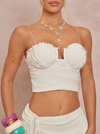 Lumalex Spring Summer  Metal Chain Pleated Padded Bustier Crop Top With Tie Waist For Women This Garment Effortlessly Transitions From Beach Strolls To Weekend Gatherings And Celebratory Dinners, Embodying The Charm Of Quiet Luxury And Striking Party Flair Whether At Birthday Bashes Or Fashionable Soirées