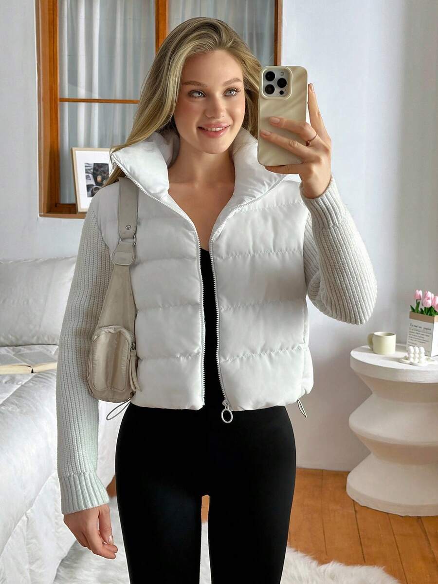 EURMUSE Solid Color, Drawstring Waist, Zip Up, Winter Coat - White - View 1