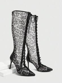 CUCCOO SZL Women's Pointed Toe Leopard Print Mesh High Heel Boots, Fashion Comfortable For Party And Nightclub, With Lace-Up And Back Zipper