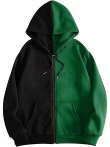 Manfinity Dauomo 男士黑色和绿色撞色拉链连帽衫 - 黑色 - 查看 3