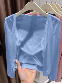 SHEIN 女士加大码轻薄长袖开衫，适合外出和度假穿着 - 藍色 - 查看 3